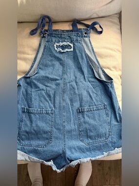 Denim Short Overalls Romper in Medium Blue
